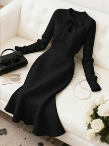Franclia Gaun Sweater Rajut Wanita Berkualitas Tinggi, Modis & Elegan, Serbaguna untuk Musim Gugur - Hitam - View 4