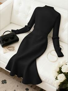 Franclia Gaun Sweater Rajut Wanita Berkualitas Tinggi, Modis & Elegan, Serbaguna untuk Musim Gugur - Hitam - View 2