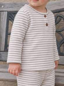 3pcs Baby Boy Toddler Boy Henley Shirts Preppy Brown Grey Cream Striped Rib Button Fuzzy Long Sleeve Round Neck Thick Holiday Fall Sweaters Jumpers - Brown - View 2