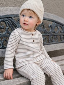 3pcs Baby Boy Toddler Boy Henley Shirts Preppy Brown Grey Cream Striped Rib Button Fuzzy Long Sleeve Round Neck Thick Holiday Fall Sweaters Jumpers - Brown - View 4