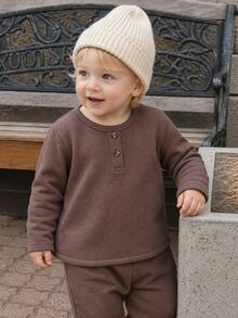 3pcs Baby Boy Toddler Boy Henley Shirts Preppy Brown Grey Cream Striped Rib Button Fuzzy Long Sleeve Round Neck Thick Holiday Fall Sweaters Jumpers - Brown - View 3