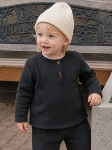 3pcs Baby Boy Toddler Boy Henley Shirts Preppy Brown Grey Cream Striped Rib Button Fuzzy Long Sleeve Round Neck Thick Holiday Fall Sweaters Jumpers - Brown - View 6