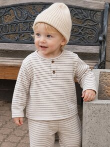 3pcs Baby Boy Toddler Boy Henley Shirts Preppy Brown Grey Cream Striped Rib Button Fuzzy Long Sleeve Round Neck Thick Holiday Fall Sweaters Jumpers - Brown - View 5