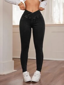 SHEIN PETITE 女款休閒水洗修身牛仔褲 日常深灰色夏季款 - 黑色 - 查看 3