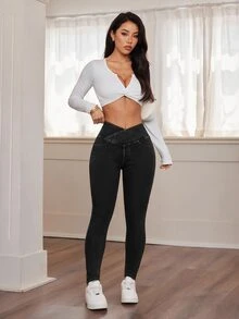 SHEIN PETITE 女款休閒水洗修身牛仔褲 日常深灰色夏季款 - 黑色 - 查看 7