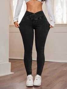SHEIN PETITE 女款休閒水洗修身牛仔褲 日常深灰色夏季款 - 黑色 - 查看 6