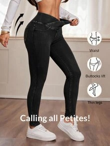 SHEIN PETITE 女款休閒水洗修身牛仔褲 日常深灰色夏季款 - 黑色 - 查看 8