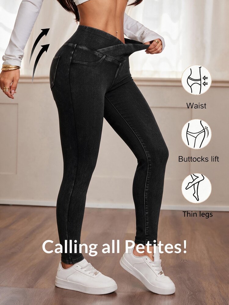 SHEIN PETITE Women's Casual Washed Slim Fit Jeans Everyday Dark Grey Summer - Black - View 8