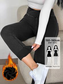 SHEIN PETITE 女款休閒水洗修身牛仔褲 日常深灰色夏季款 - 黑色 - 查看 9