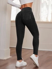 SHEIN PETITE 女款休閒水洗修身牛仔褲 日常深灰色夏季款 - 黑色 - 查看 2