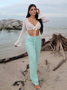 Dayanna Comas 针织喇叭袖系带短款罩衫泳装度假夏季旅行沙滩装基础款纯色度假风 - 白色 - 查看 5