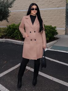 Dayanna Comas Women's Mid-Length Wool Blend Solid Color Coat, Notched Lapel Double-Breasted, Long-Sleeved Coat - Khaki - View 6