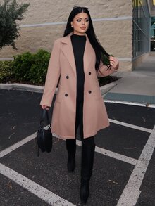 Dayanna Comas Women's Mid-Length Wool Blend Solid Color Coat, Notched Lapel Double-Breasted, Long-Sleeved Coat - Khaki - View 1