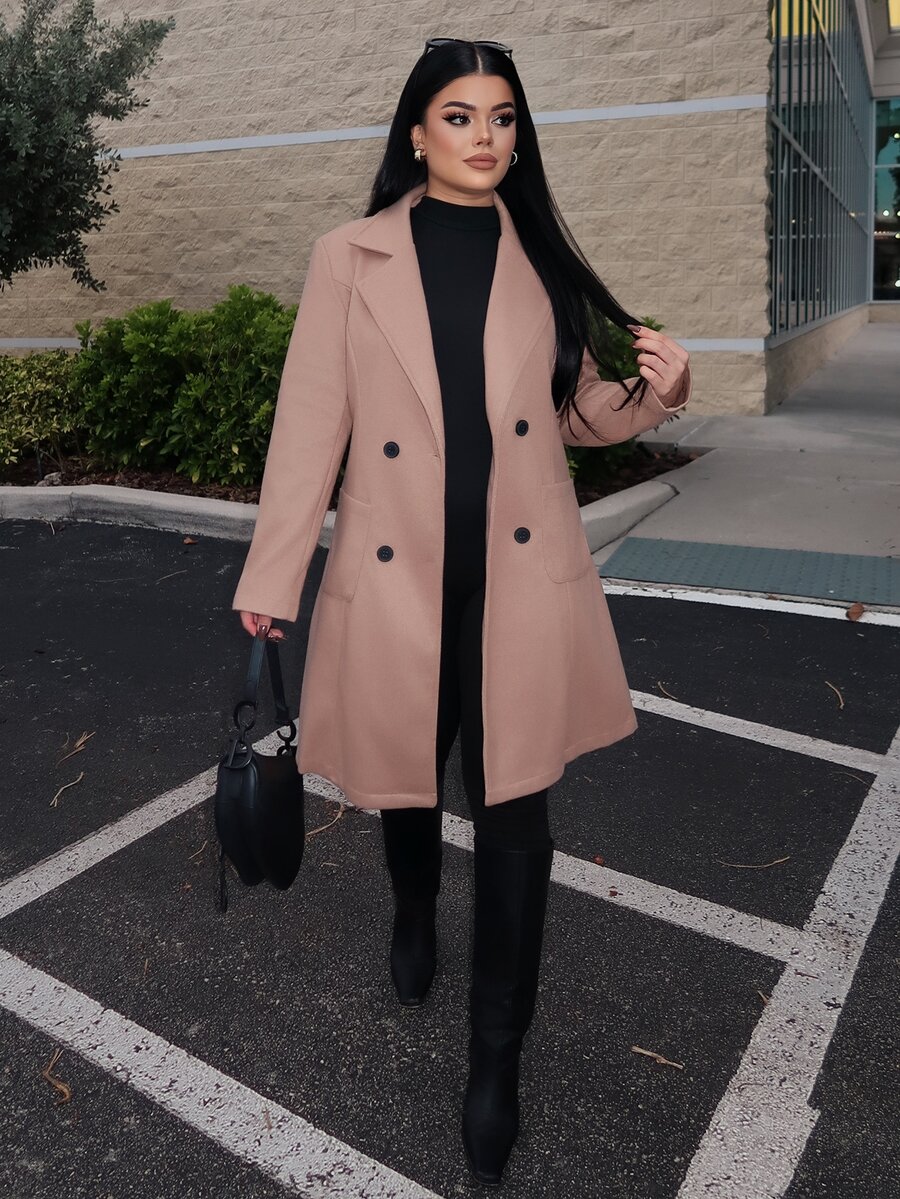 Dayanna Comas Women's Mid-Length Wool Blend Solid Color Coat, Notched Lapel Double-Breasted, Long-Sleeved Coat - Khaki - View 1