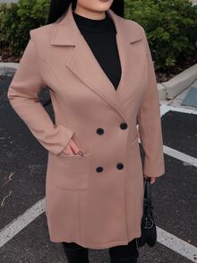 Dayanna Comas Women's Mid-Length Wool Blend Solid Color Coat, Notched Lapel Double-Breasted, Long-Sleeved Coat - Khaki - View 3