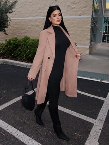 Dayanna Comas Women's Mid-Length Wool Blend Solid Color Coat, Notched Lapel Double-Breasted, Long-Sleeved Coat - Khaki - View 4
