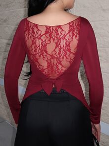 Dayanna Comas 女式蕾丝拼布后领结修身长袖露肩上衣 - 酒紅色 - 查看 3