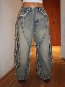 Dayanna Comas Women's Loose Fit Pockets Frayed Hem Wide Leg Casual Jeans - Multicolor - View 3