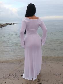 Dayanna Comas 度假风格比基尼套装，配有长袖露背透视度假罩衫 - 白色 - 查看 3