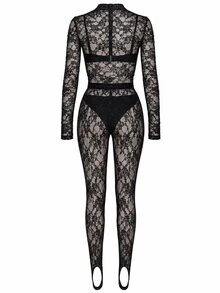 KIZN Sheer Black Floral Lace High Rise Skinny Leggings With Front Split Hem And Sequin Embellishment Party Evening Festival Style - Black - View 2