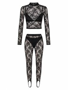 KIZN Sheer Black Floral Lace High Rise Skinny Leggings With Front Split Hem And Sequin Embellishment Party Evening Festival Style - Black - View 1
