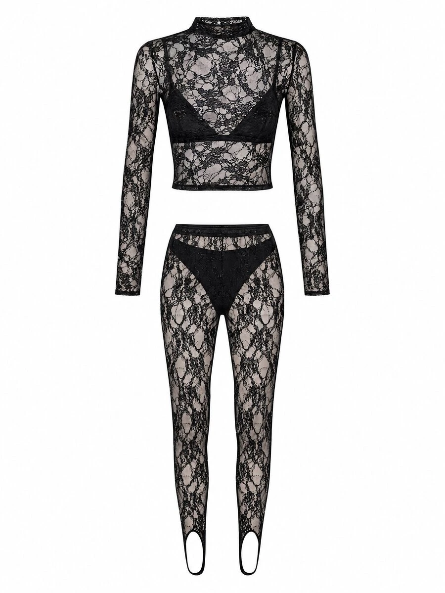 KIZN Sheer Black Floral Lace High Rise Skinny Leggings With Front Split Hem And Sequin Embellishment Party Evening Festival Style - Black - View 1