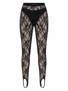 KIZN Sheer Black Floral Lace High Rise Skinny Leggings With Front Split Hem And Sequin Embellishment Party Evening Festival Style - Black - View 3