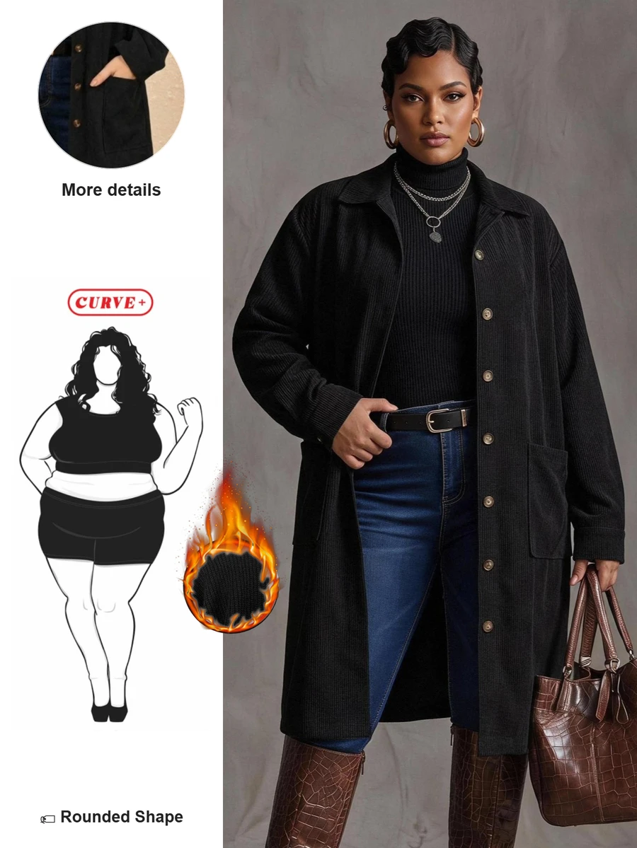SHEIN CURVE+ Plus Size Casual Versatile Solid Color Jacket, Autumn/Winter Fall - Black - View 1