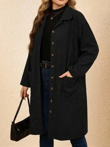 SHEIN CURVE+ Plus Size Casual Versatile Solid Color Jacket, Autumn/Winter Fall - Black - View 4