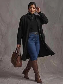 SHEIN CURVE+ Plus Size Casual Versatile Solid Color Jacket, Autumn/Winter Fall - Black - View 2