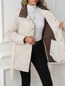 SHEIN Clasi Women's Winter Casual Versatile Belted Jacket - White - View 9