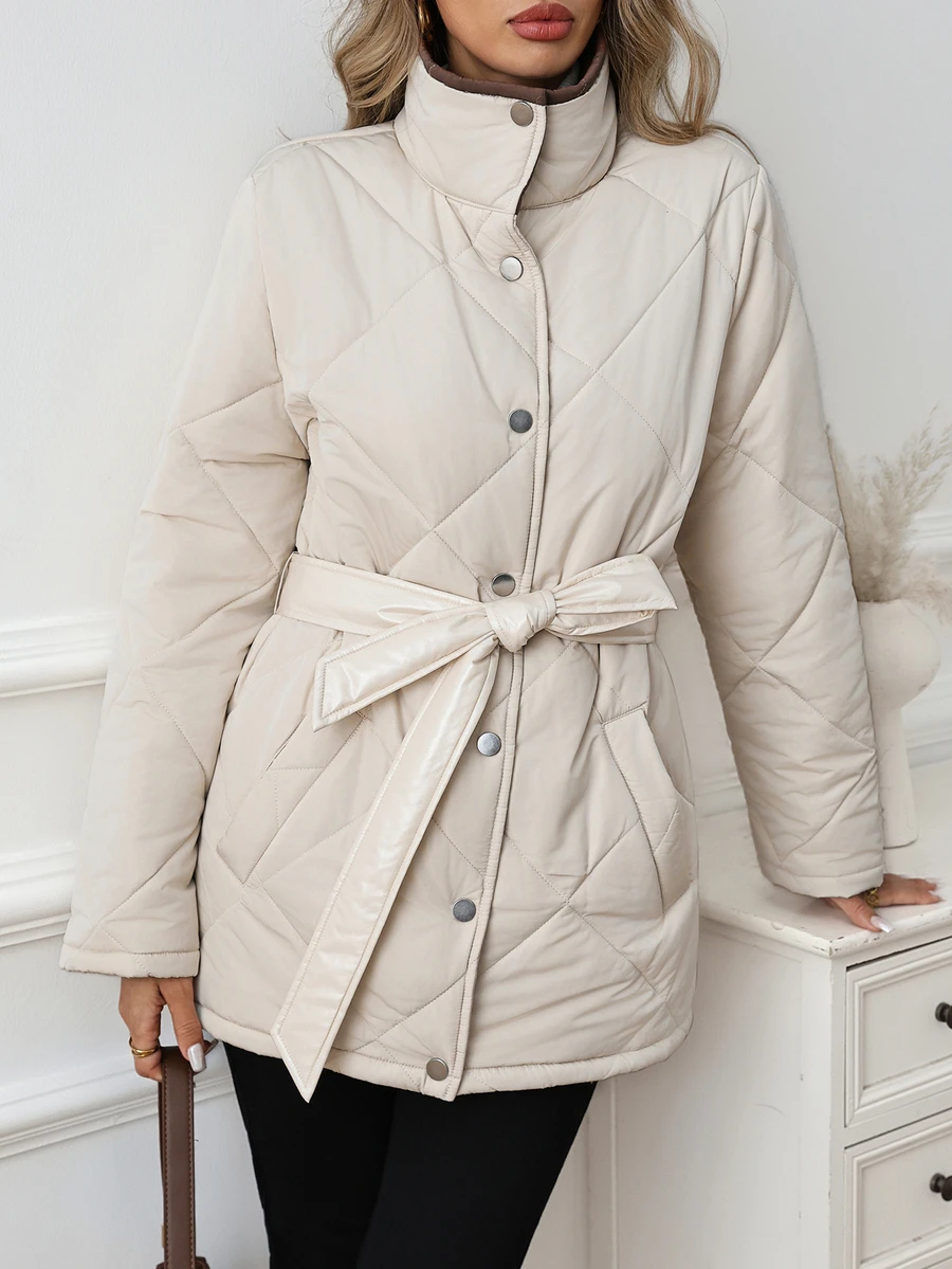 SHEIN Clasi Women's Winter Casual Versatile Belted Jacket - White - View 1