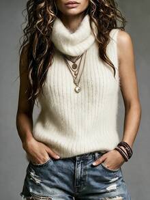 SHEIN Winter Cream Fuzzy Waffle Knit High Turtleneck Sleeveless Slim Tank Top - Beige - View 3