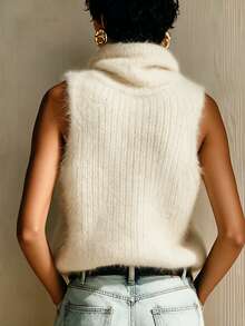 SHEIN Winter Cream Fuzzy Waffle Knit High Turtleneck Sleeveless Slim Tank Top - Beige - View 2