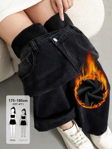 SHEIN Tall 女款不對稱腰寬腿寬鬆休閒街頭風牛仔褲，深灰色，適合冬季日常外出 - 黑色 - 查看 7