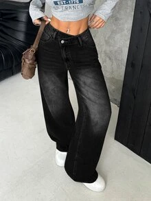 SHEIN Tall 女款不對稱腰寬腿寬鬆休閒街頭風牛仔褲，深灰色，適合冬季日常外出 - 黑色 - 查看 5