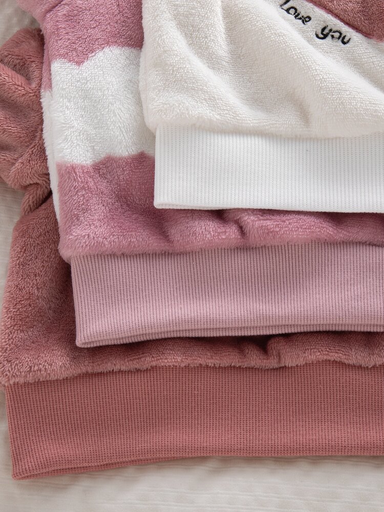 3pcs Baby Girls Fleece Sweaters Cute Sweet Pink White Heart Patch Cloud Eyelash Long Sleeve Round Neck Thick Birthday Party Winter Fall Christmas - Dusty Pink - View 9
