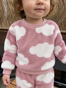 3pcs Baby Girls Fleece Sweaters Cute Sweet Pink White Heart Patch Cloud Eyelash Long Sleeve Round Neck Thick Birthday Party Winter Fall Christmas - Dusty Pink - View 3