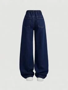 SHEIN 青少年女孩深藍色牛仔布抓絨內裡寬鬆長褲，秋冬款 - 藍色 - 查看 3