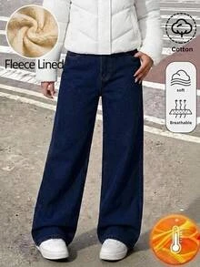 SHEIN 青少年女孩深藍色牛仔布抓絨內裡寬鬆長褲，秋冬款 - 藍色 - 查看 4