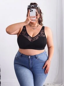 SHEIN CURVE+ 大尺碼純色透視蕾絲拼接無鋼圈弧形上圍內衣，適合夏季/鄉村/海灘度假 - 黑色 - 查看 4
