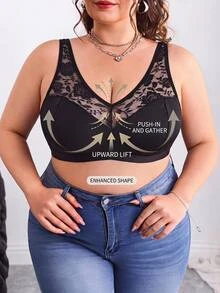 SHEIN CURVE+ 大尺碼純色透視蕾絲拼接無鋼圈弧形上圍內衣，適合夏季/鄉村/海灘度假 - 黑色 - 查看 9