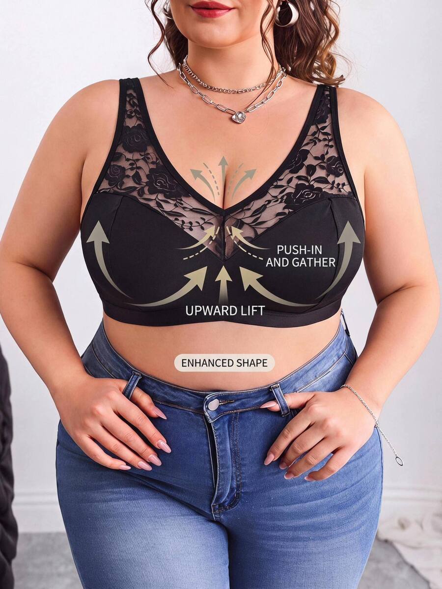 SHEIN CURVE+ Plus Size Solid Color Sheer Lace Insert Wireless Curved Top , Summer/Country/Beach Vacation - Black - View 1