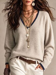 SHEIN Sweater Pullover Kasual Lengan Panjang Leher V Bahu Jatuh dengan Motif Blok Warna untuk Wanita - Khaki - View 3