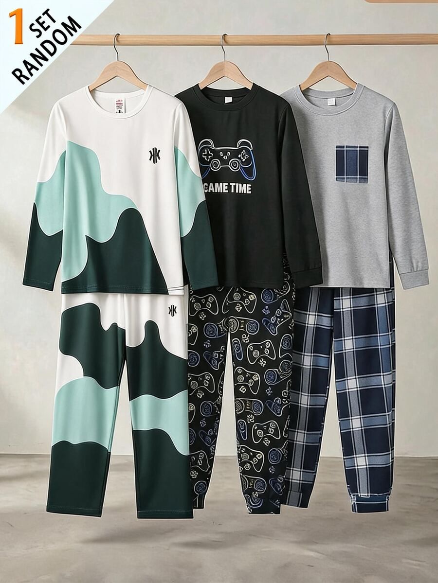 男童 2 件式休閒舒適家居服套裝,長袖上衣與長褲,時尚字母設計,柔軟牛奶絲面料 - 彩色 - 查看 1