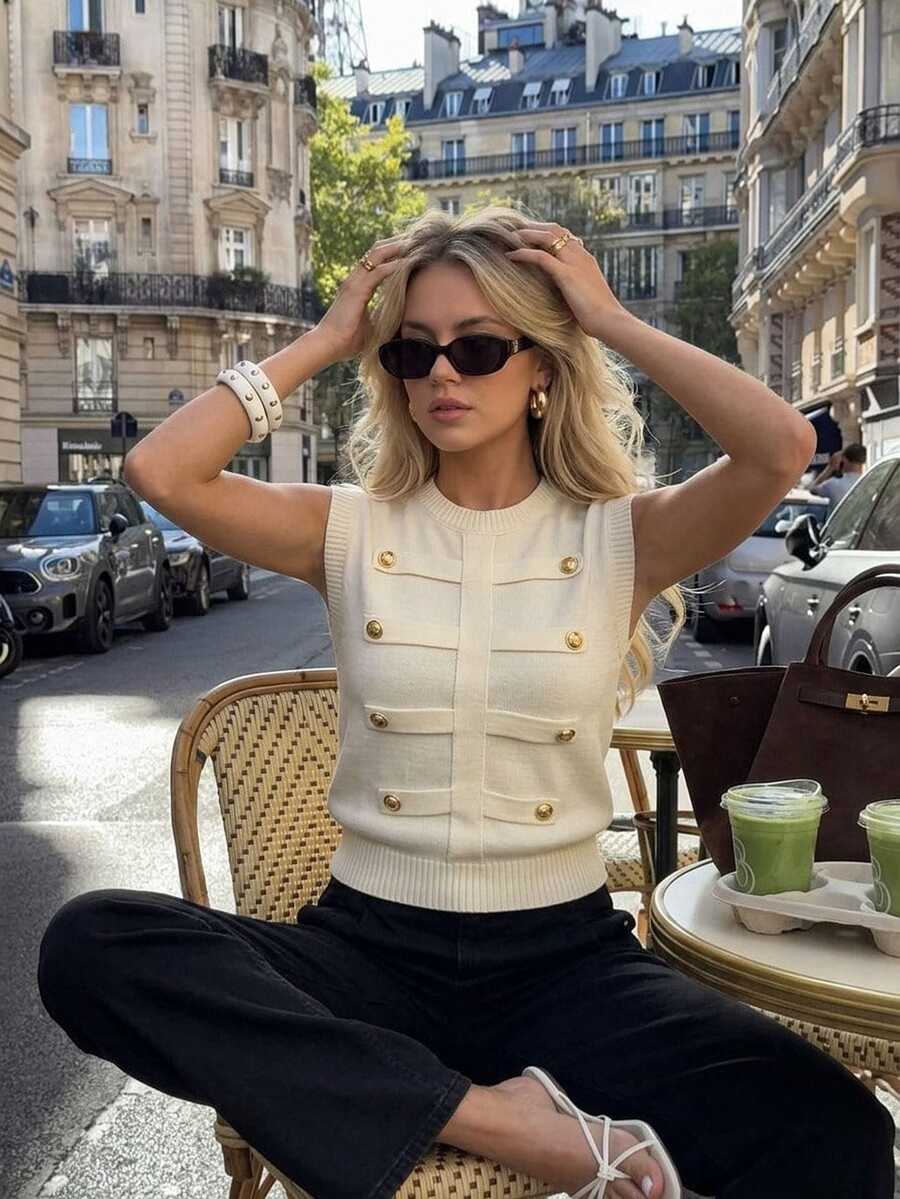 SHEIN PariChic 女款秋冬休閒無袖拿破崙鈕扣圓領針織背心