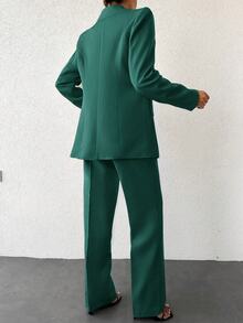 SHEIN Cottnline Plus Size Women's Emerald Green Long Sleeve Long Pants Suit With Pockets Office Formal Summer Casual Elegant - Dark Green - View 6