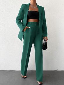 SHEIN Cottnline Plus Size Women's Emerald Green Long Sleeve Long Pants Suit With Pockets Office Formal Summer Casual Elegant - Dark Green - View 7