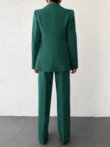 SHEIN Cottnline Plus Size Women's Emerald Green Long Sleeve Long Pants Suit With Pockets Office Formal Summer Casual Elegant - Dark Green - View 2