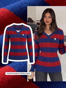 Comfortcana Women's Solid Color V-Neck Long Sleeve Sweater, Simple Fashion Suitable For Fall Clothes For Women Winter Clothes New Year Y2K Tops Halloween New - Multicolor - View 2
